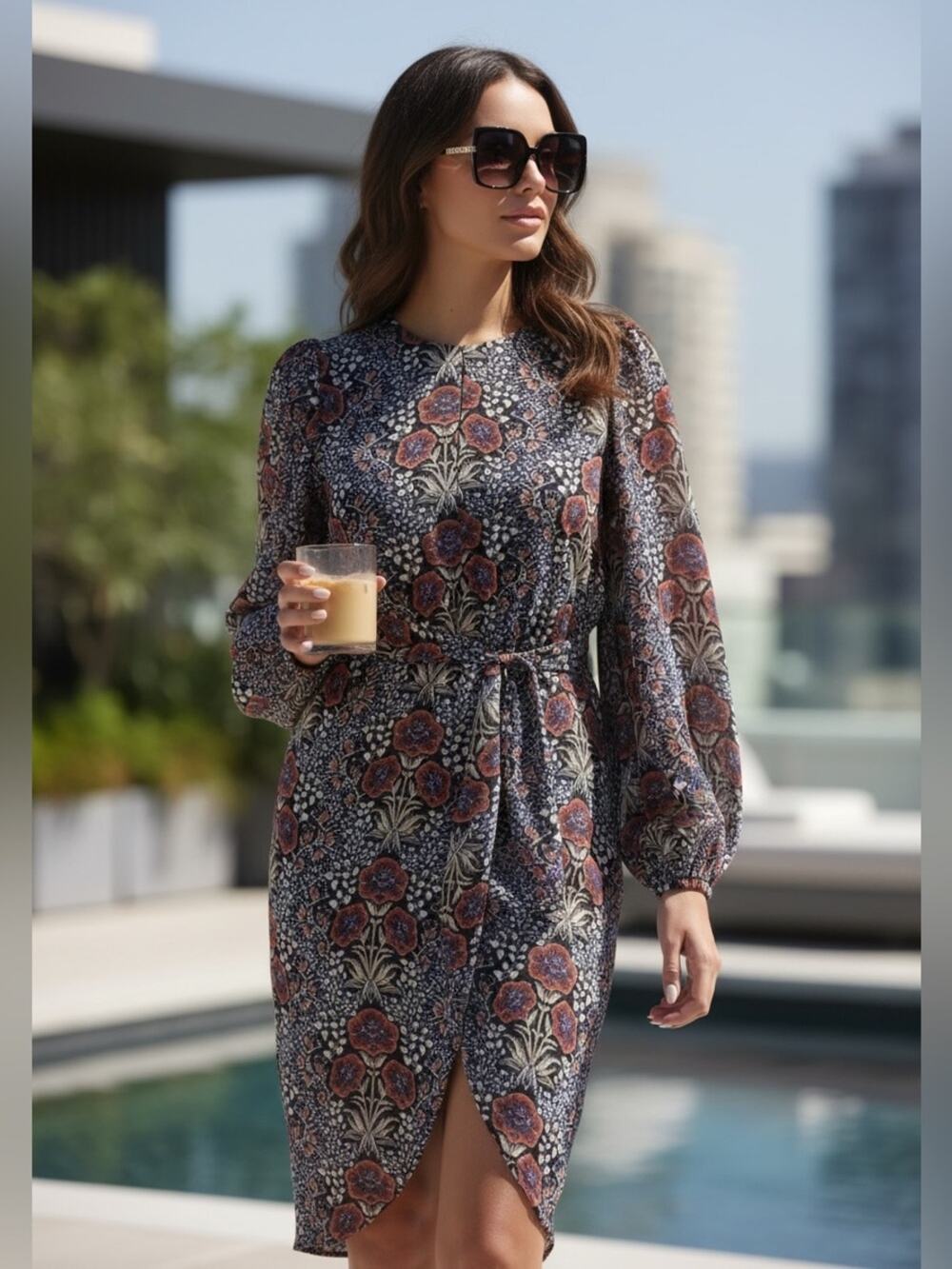 Walter Baker Melissa floral print long sleeve faux wrap dress Size Small